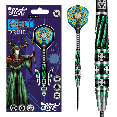 Celt Druid Steel Tip Darts main product image showing the darts, packaging, flights, shafts, and included accessories