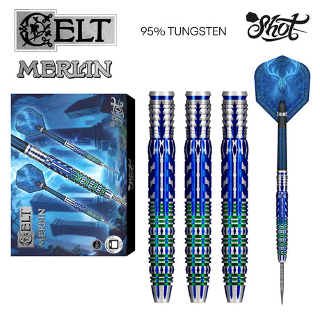 Celt Merlin Steel Tip Darts main product image showing the darts, packaging, flights, shafts, and included accessories
