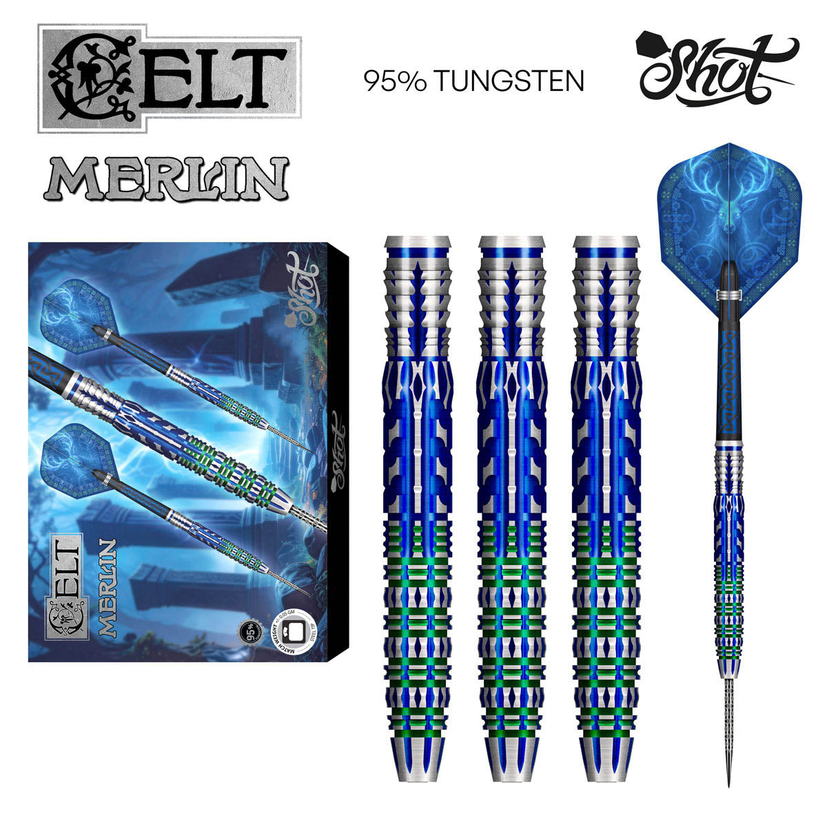 Celt Merlin Steel Tip Darts main product image showing the darts, packaging, flights, shafts, and included accessories