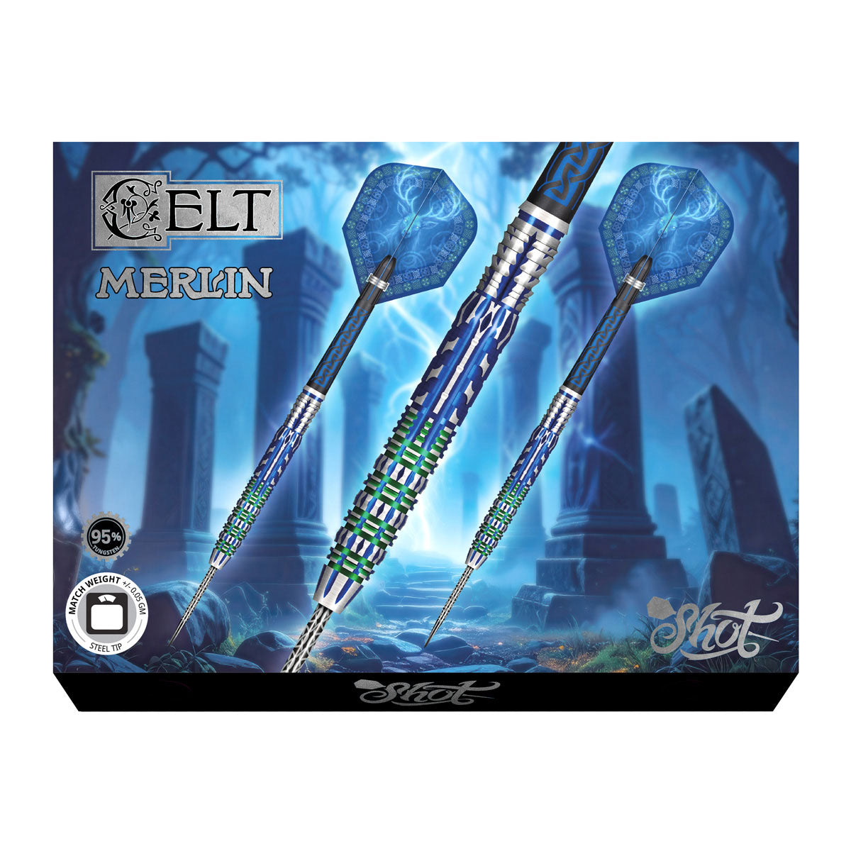 Celt Merlin Steel Tip Darts packaging exterior image showing the outer box artwork, branding, and presentation design