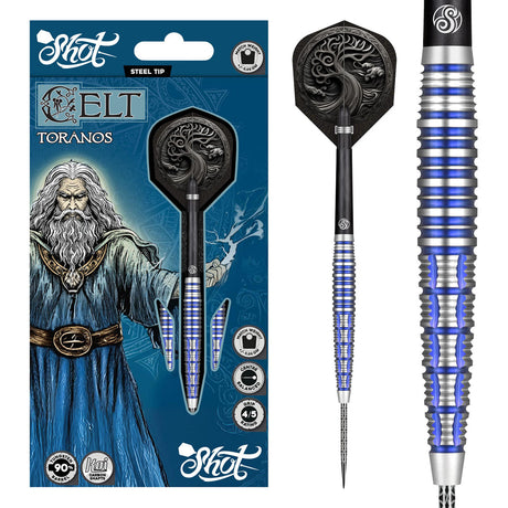 Celt Toranos Steel Tip Darts main product image showing the darts, packaging, flights, shafts, and included accessories