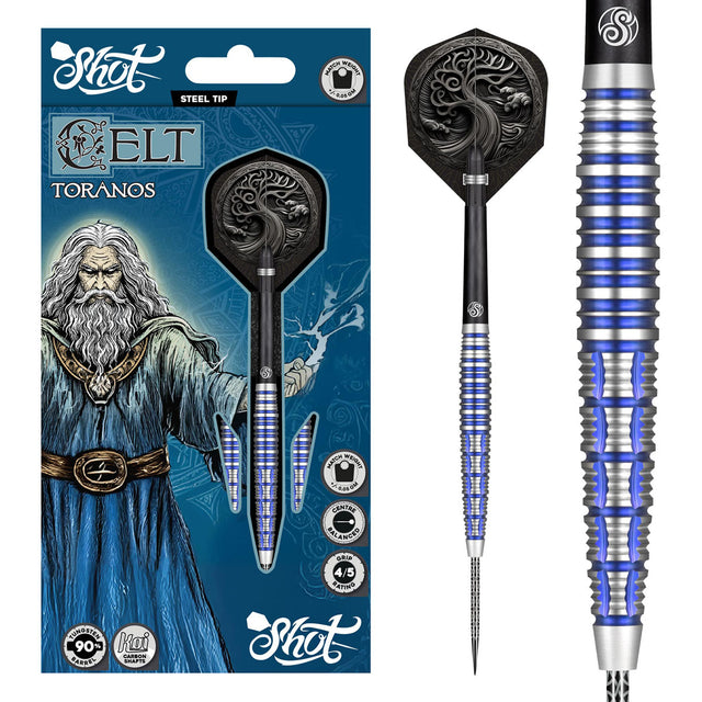 Celt Toranos Steel Tip Darts main product image showing the darts, packaging, flights, shafts, and included accessories