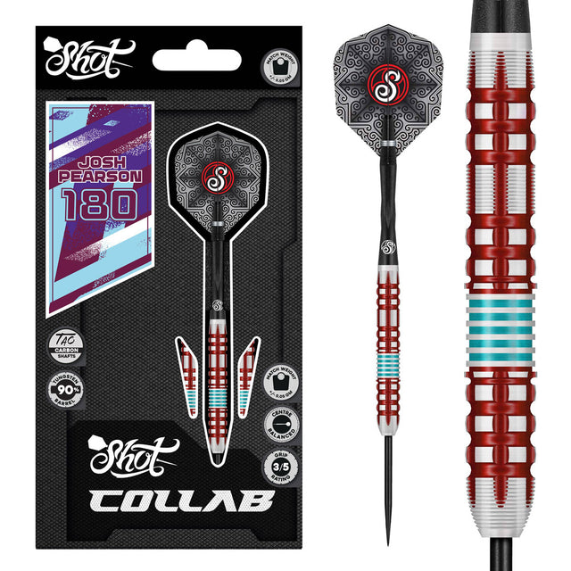 Collab Josh Pearson Steel Tip Darts main product image showing the darts, packaging, flights, shafts, and included accessories