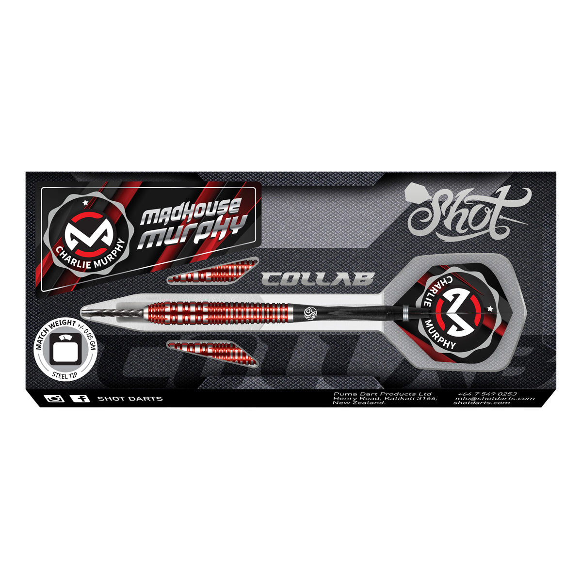 Collab Pro Series Charlie Murphy Steel Tip Darts packaging image showing the retail presentation box and Shot branding