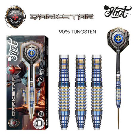 Future Knights Darkstar Steel Tip Darts main product image showing the darts, packaging, flights, shafts, and included accessories