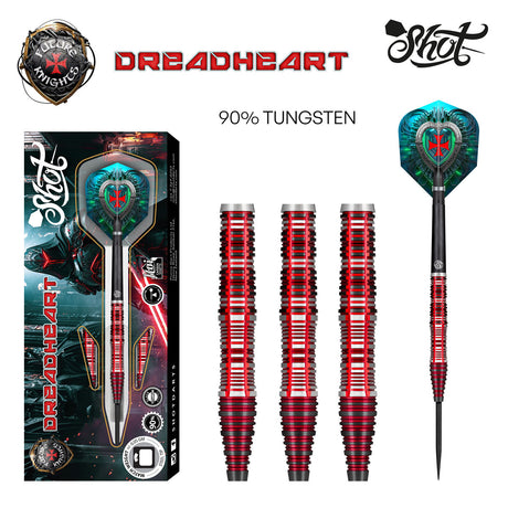 Future Knights Dreadheart Steel Tip Darts main product image showing the darts, packaging, flights, shafts, and included accessories
