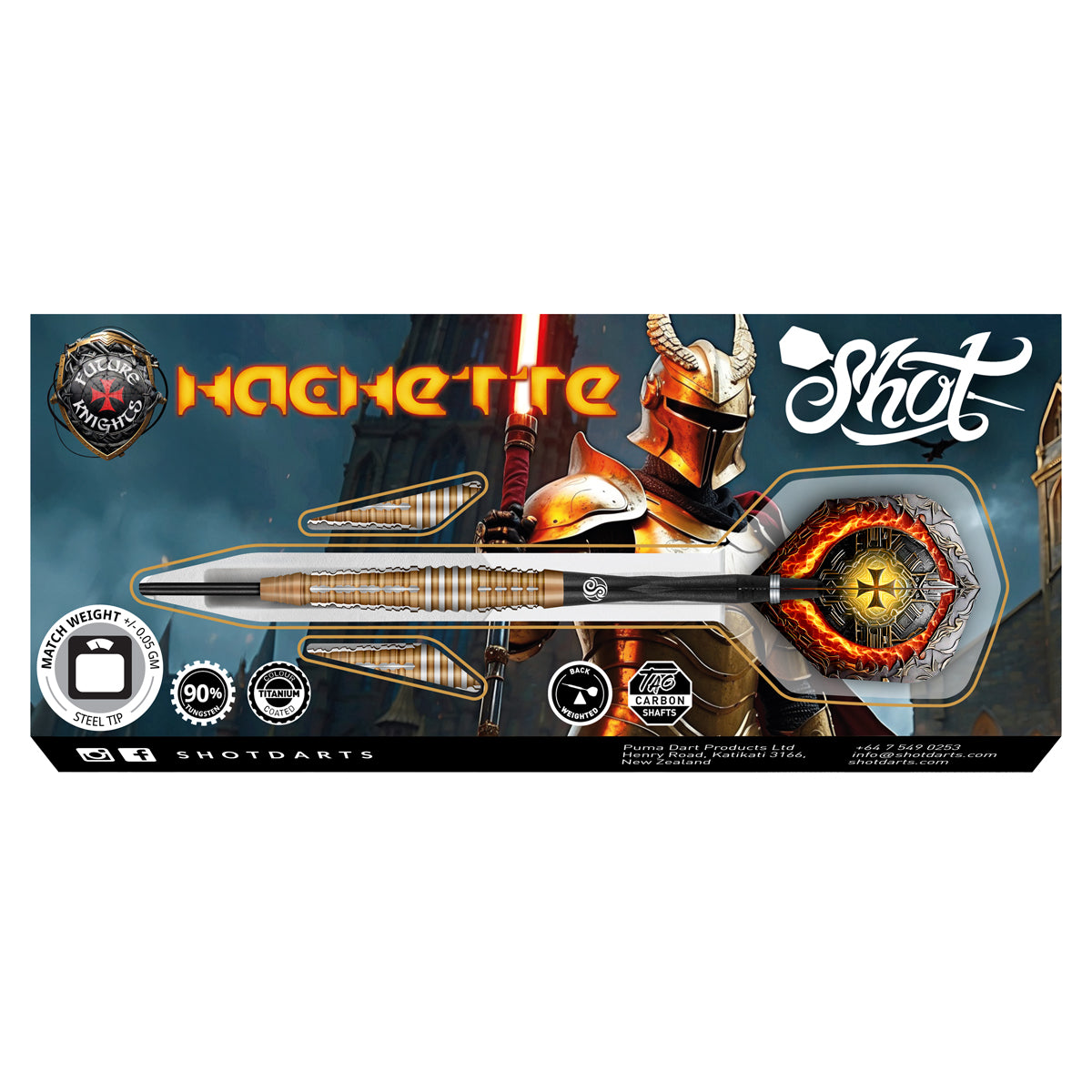 Future Knights Hachette Steel Tip Darts packaging image showing the retail presentation box and Shot branding