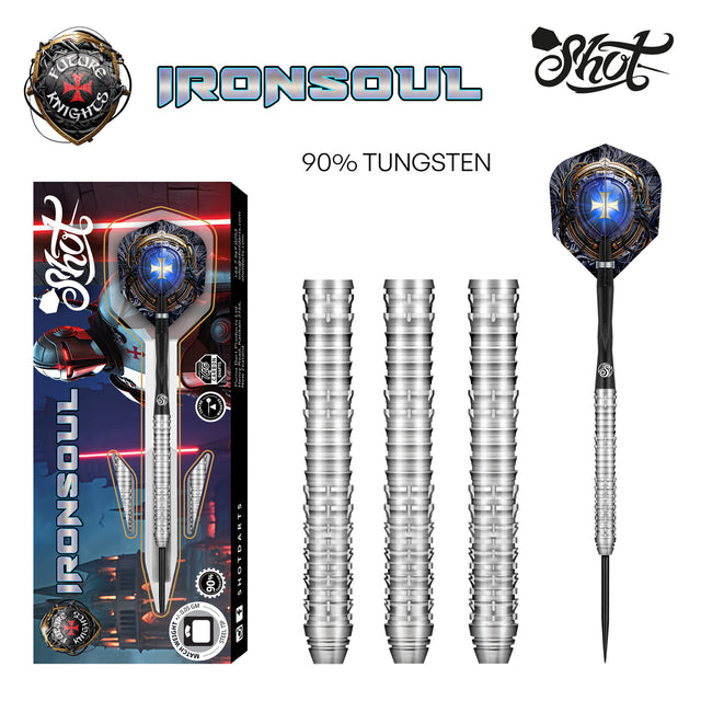 Future Knights Ironsoul Steel Tip Darts main product image showing the darts, packaging, flights, shafts, and included accessories