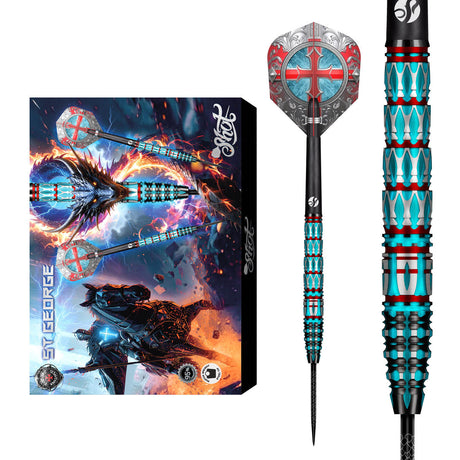Future Knights St George Steel Tip Darts main product image showing the darts, packaging, flights, shafts, and included accessories