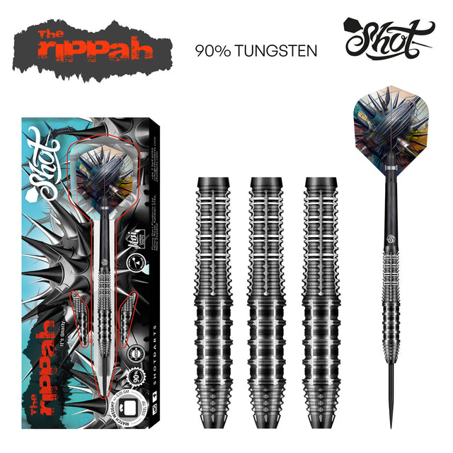 Gnarly Rippah Steel Tip Darts main product image showing the darts, packaging, flights, shafts, and included accessories