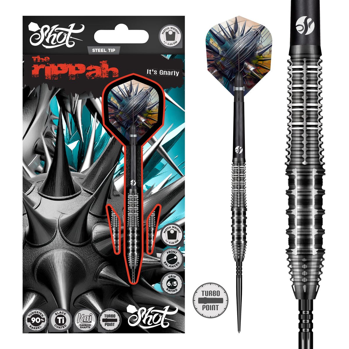 Image of the Shot Gnarly Rippah Turbo Point 90% Tungsten Steel Tip Darts displayed for retail sale with product packaging