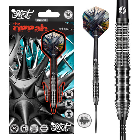 Image of the Shot Gnarly Rippah Turbo Point 90% Tungsten Steel Tip Darts displayed for retail sale with product packaging