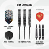 Image showing the contents included with the Shot Gnarly Rippah Turbo Point 90% Tungsten Steel Tip Darts