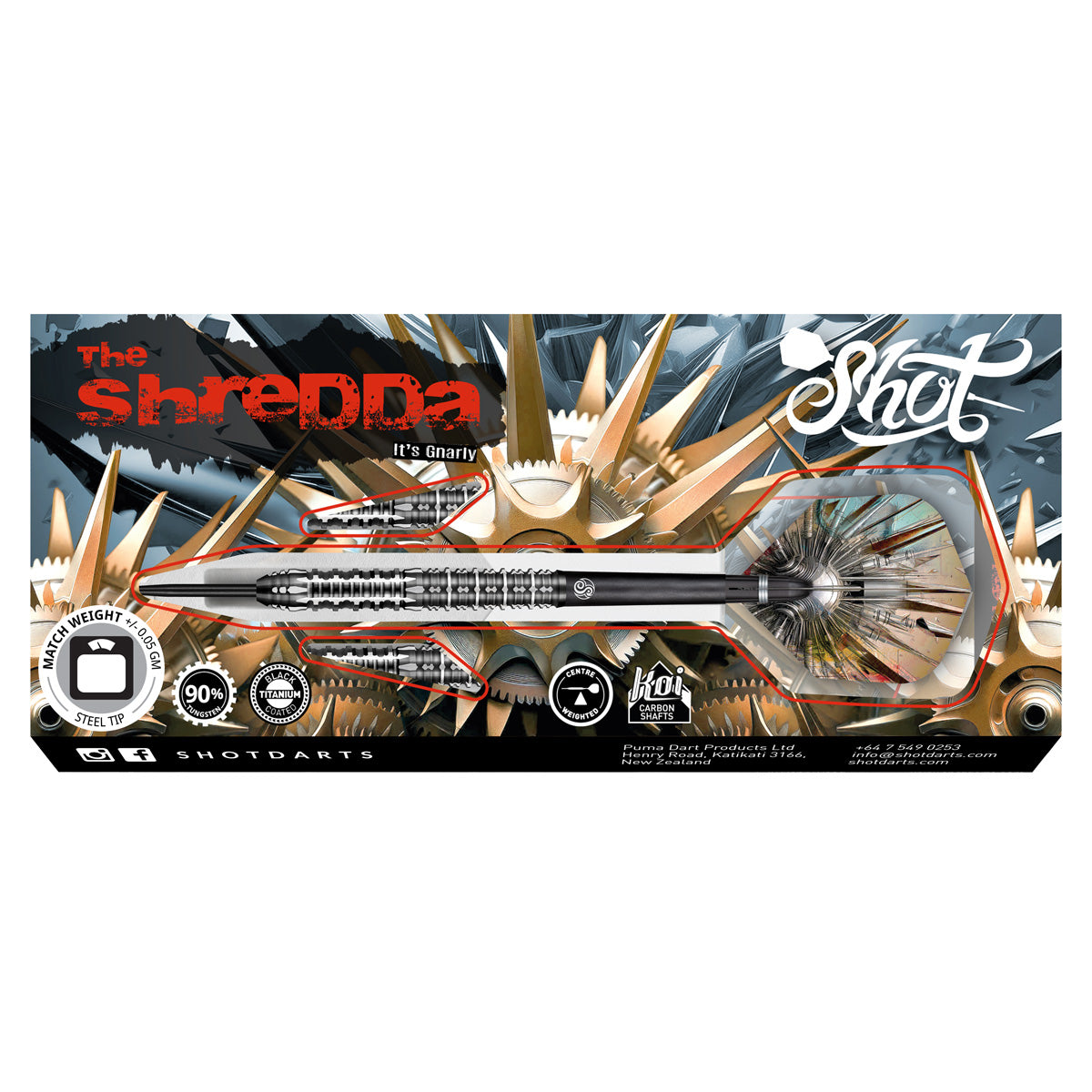 Gnarly Shredda Steel Tip Darts packaging image showing the retail presentation box and Shot branding