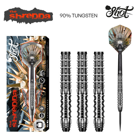 Gnarly Shredda Steel Tip Darts main product image showing the darts, packaging, flights, shafts, and included accessories