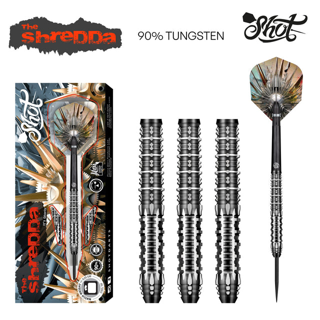 Gnarly Shredda Steel Tip Darts main product image showing the darts, packaging, flights, shafts, and included accessories