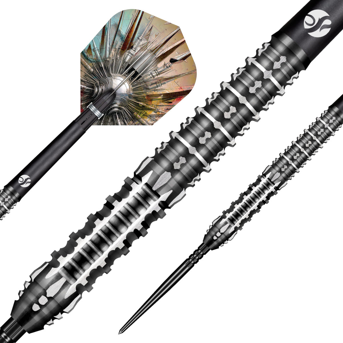 Close up image of the Shot Gnarly Shredda Turbo Point 90% Tungsten Steel Tip Darts barrels highlighting the grip and machining