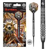 Image of the Shot Gnarly Shredda Turbo Point 90% Tungsten Steel Tip Darts displayed for retail sale with product packaging