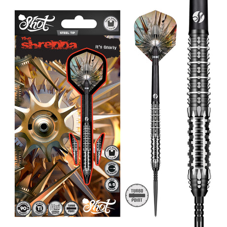 Image of the Shot Gnarly Shredda Turbo Point 90% Tungsten Steel Tip Darts displayed for retail sale with product packaging