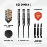 Image showing the contents included with the Shot Gnarly Shredda Turbo Point 90% Tungsten Steel Tip Darts