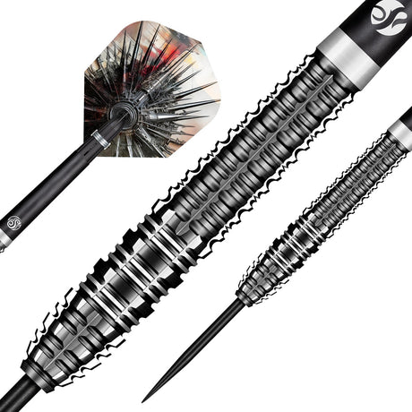 Gnarly Smasha Steel Tip Darts dynamic product image highlighting the full dart setup and barrel design