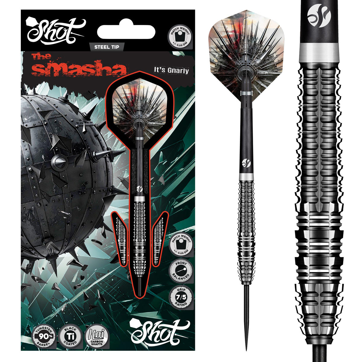 Gnarly Smasha Steel Tip Darts main product image showing the darts, packaging, flights, shafts, and included accessories