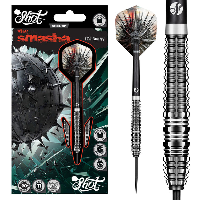 Gnarly Smasha Steel Tip Darts main product image showing the darts, packaging, flights, shafts, and included accessories
