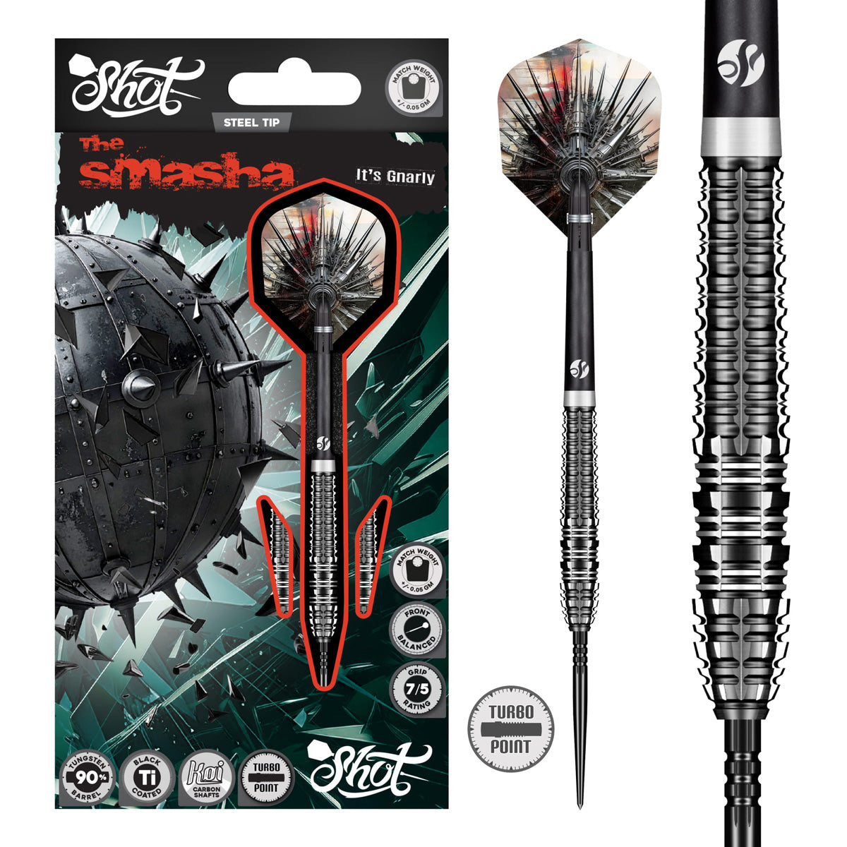 Image of the Shot Gnarly Smasha Turbo Point 90% Tungsten Steel Tip Darts displayed for retail sale with product packaging