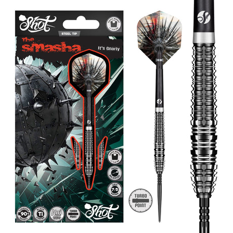 Image of the Shot Gnarly Smasha Turbo Point 90% Tungsten Steel Tip Darts displayed for retail sale with product packaging