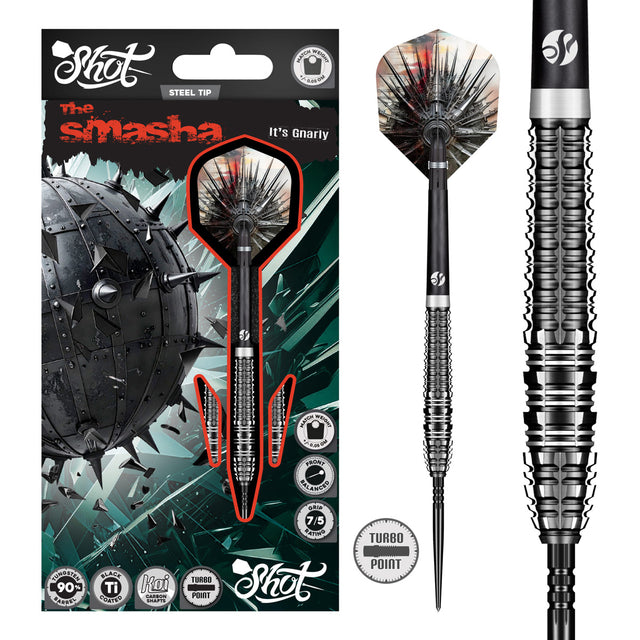 Image of the Shot Gnarly Smasha Turbo Point 90% Tungsten Steel Tip Darts displayed for retail sale with product packaging