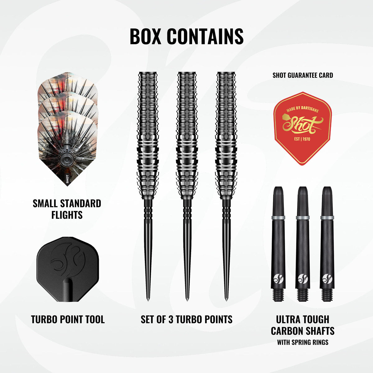 Image showing the contents included with the Shot Gnarly Smasha Turbo Point 90% Tungsten Steel Tip Darts