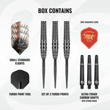 Image showing the contents included with the Shot Gnarly Smasha Turbo Point 90% Tungsten Steel Tip Darts