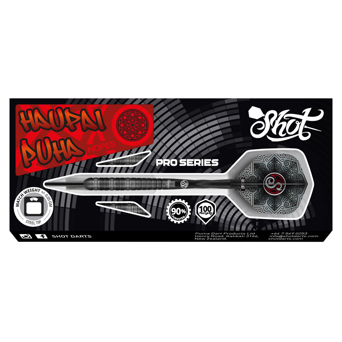 Haupai Puha 2.0 Steel Tip Darts packaging image showing the retail presentation box and Shot branding