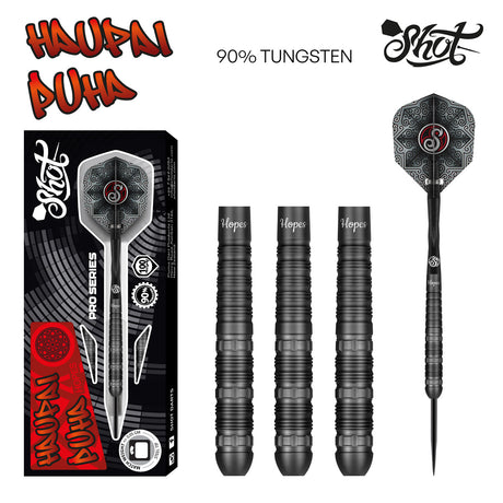 Haupai Puha 2.0 Steel Tip Darts main product image showing the darts, packaging, flights, shafts, and included accessories