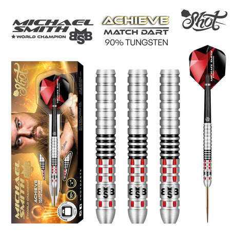 Michael Smith Achieve Steel Tip Darts main product image showing the darts, packaging, flights, shafts, and included accessories