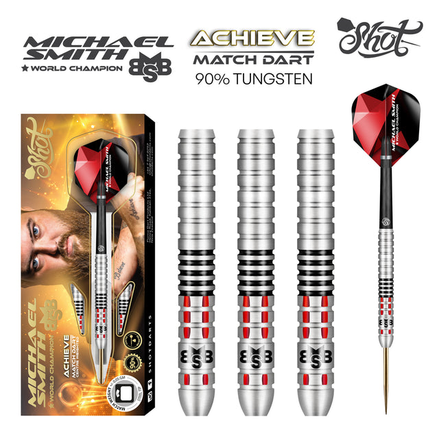 Michael Smith Achieve Steel Tip Darts main product image showing the darts, packaging, flights, shafts, and included accessories