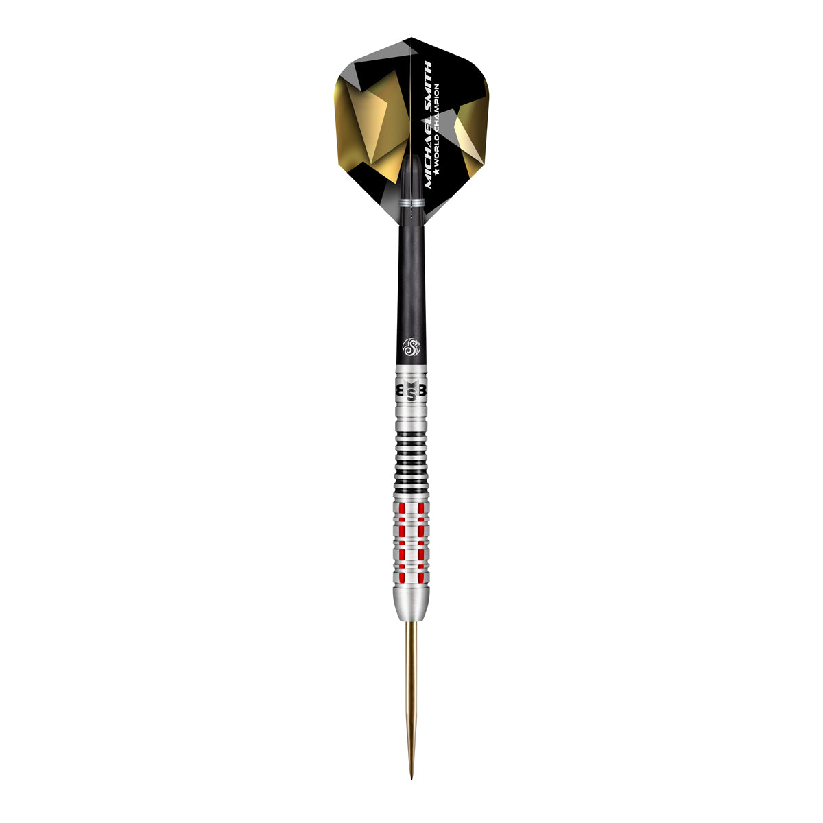 Michael Smith Believe Steel Tip Darts dynamic product image highlighting the full dart setup and barrel design