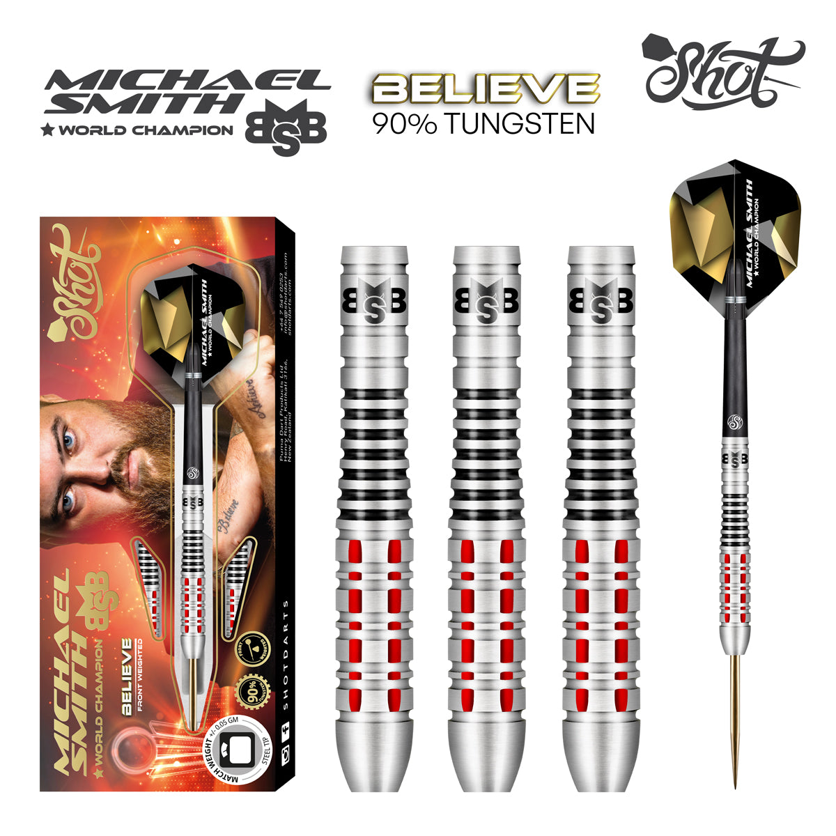 Michael Smith Believe Steel Tip Darts main product image showing the darts, packaging, flights, shafts, and included accessories