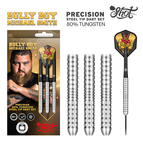Michael Smith Bully Boy Precision Steel Tip Darts main product image showing the darts, packaging, flights, shafts, and included accessories