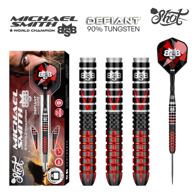 Michael Smith Defiant Steel Tip Darts main product image showing the darts, packaging, flights, shafts, and included accessories