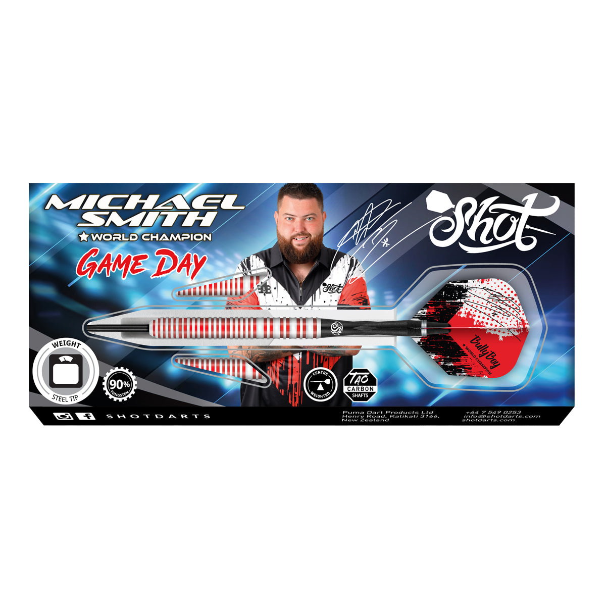 Michael Smith Game Day Steel Tip Darts packaging image showing the retail presentation box and Shot branding