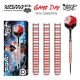 Michael Smith Game Day Steel Tip Darts main product image showing the darts, packaging, flights, shafts, and included accessories