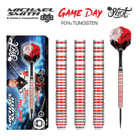 Michael Smith Game Day Steel Tip Darts main product image showing the darts, packaging, flights, shafts, and included accessories
