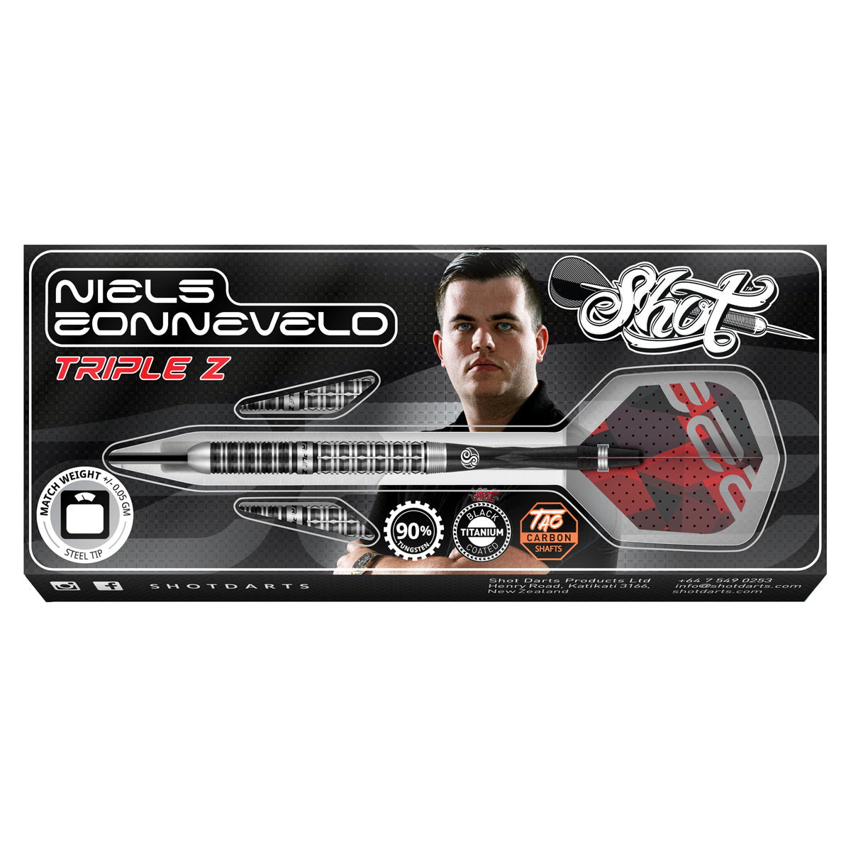 Niels Zonneveld 2.0 Steel Tip Darts packaging image showing the retail presentation box and Shot branding