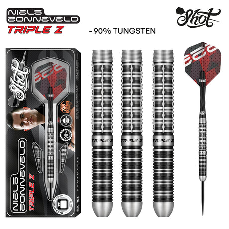 Niels Zonneveld 2.0 Steel Tip Darts main product image showing the darts, packaging, flights, shafts, and included accessories