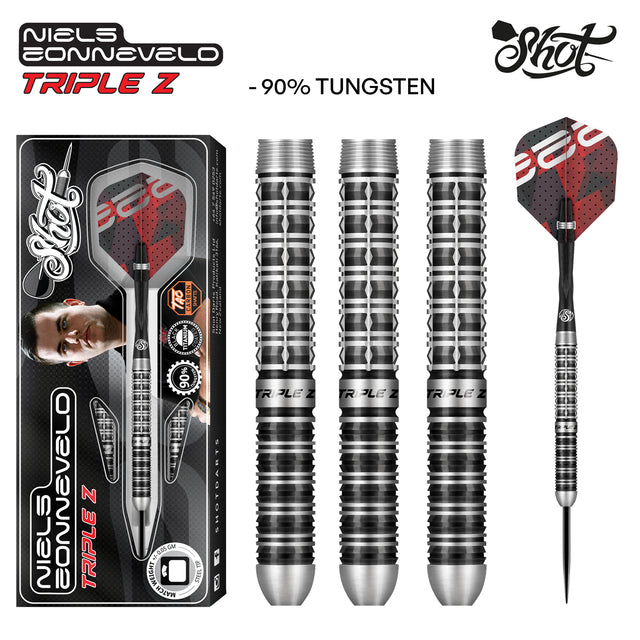 Niels Zonneveld 2.0 Steel Tip Darts main product image showing the darts, packaging, flights, shafts, and included accessories