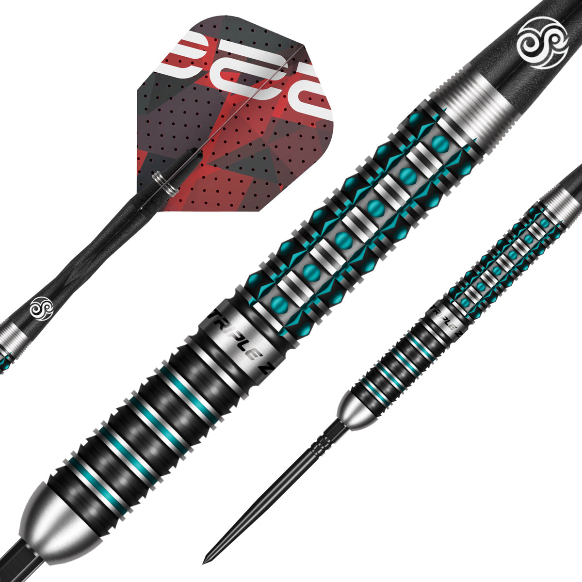 Close up image of the Shot Niels Zonneveld Turbo Point 90% Tungsten Steel Tip Darts barrels highlighting the grip and machining
