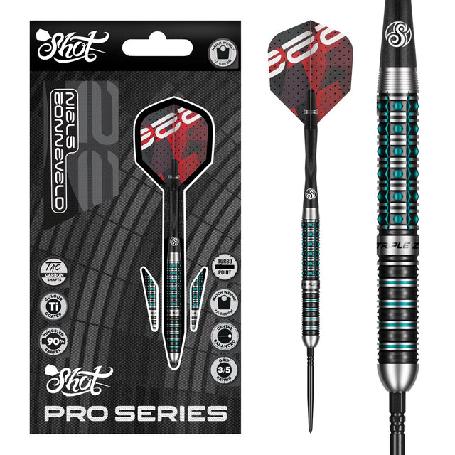 Image of the Shot Niels Zonneveld Turbo Point 90% Tungsten Steel Tip Darts displayed for retail sale with product packaging
