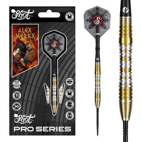 Image of the Shot Pro Series Alexander Merkx Turbo Point 90% Tungsten Steel Tip Darts displayed for retail sale with product packaging