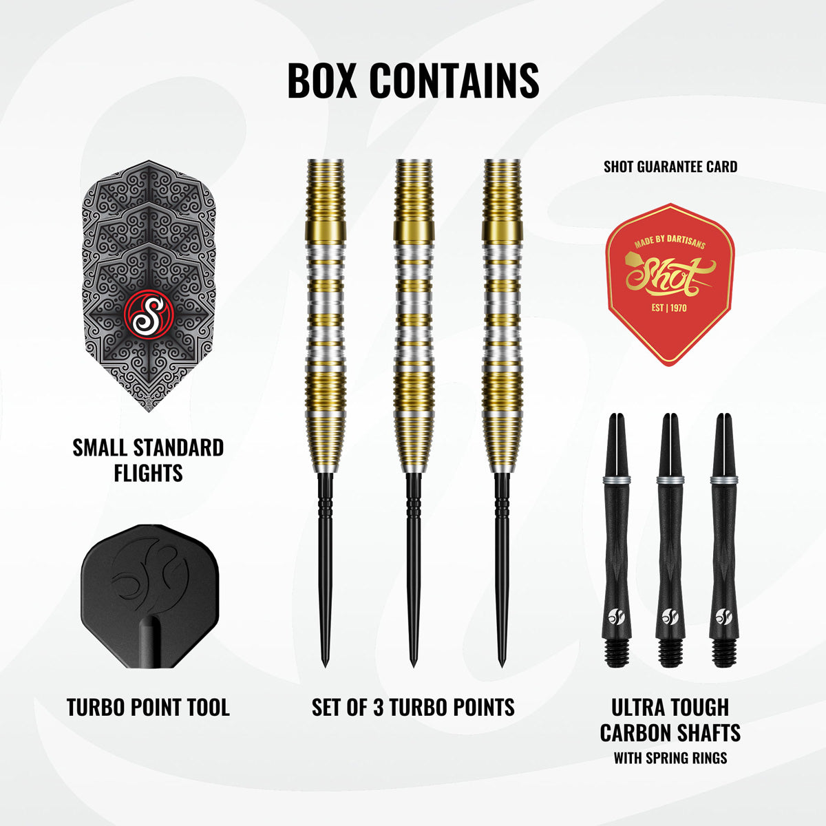 Image showing the contents included with the Shot Pro Series Alexander Merkx Turbo Point 90% Tungsten Steel Tip Darts